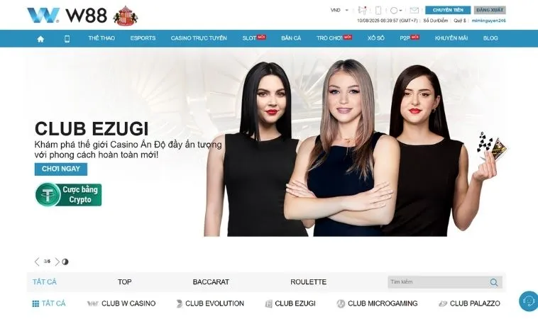 Sảnh Casino Online W88 thiết kế giao diện đẹp, chuyên nghiệp