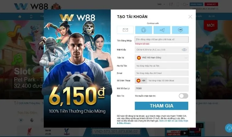 Giao diện đăng ký W88