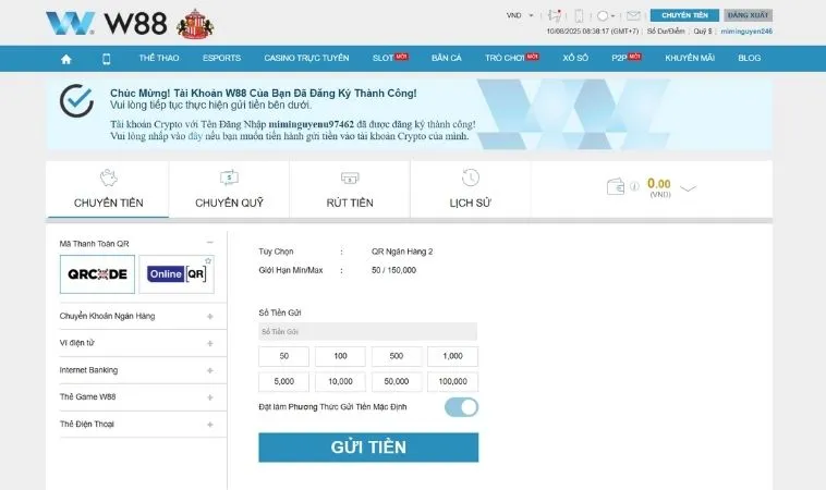 Giao diện nạp tiền W88