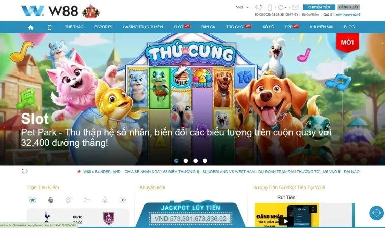 Giao diện trang chủ nhà cái W88